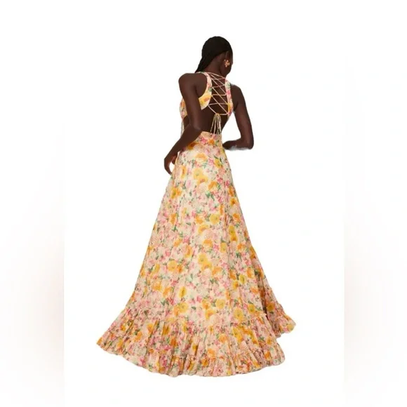 Mac Duggal Multicolor Floral Print Cut Out Lace Up Tiered Gown NWOT - Picture 2 of 9